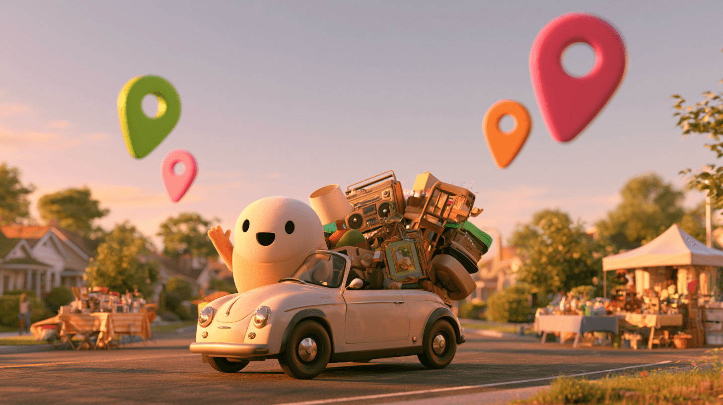 XLResale's mascot waving from a little car piled high with garage-sale finds, driving past yard sales at golden hour.